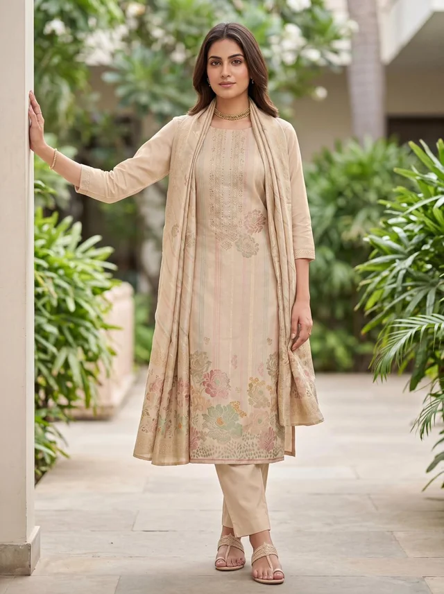 Beige Premium Muslin Floral Suit Set With Dupatta – Mira Set