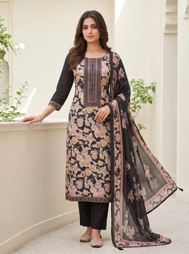 Black Floral Muslin Suit Set - VANYA SET