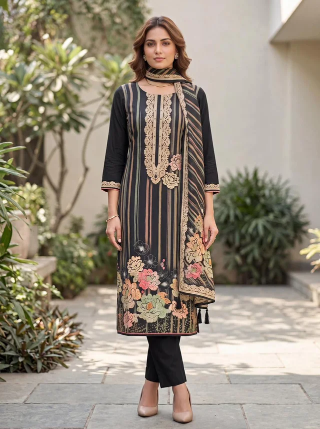 Black Premium Muslin Floral Suit Set With Dupatta – Mira Set