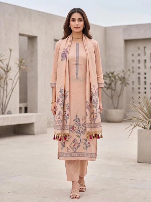 Blush Peach Pure Jamdani Cotton Suit Set for Women – Meher Set