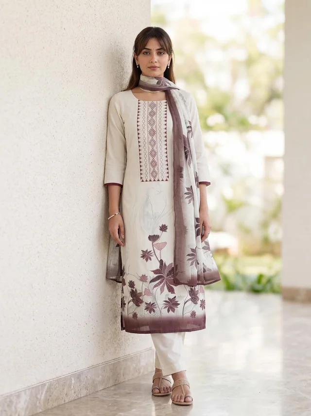 Brown Cotton Linen Floral Suit Set with Dupatta for Women – Vanya