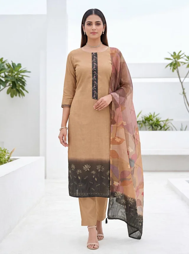 Camel Brown Floral Printed Kurti Pant Dupatta Set for Women  - Aurelia