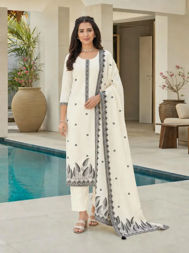Charcoal Grey Soft Cotton Putta Suit Set with Dupatta for Women – Pista