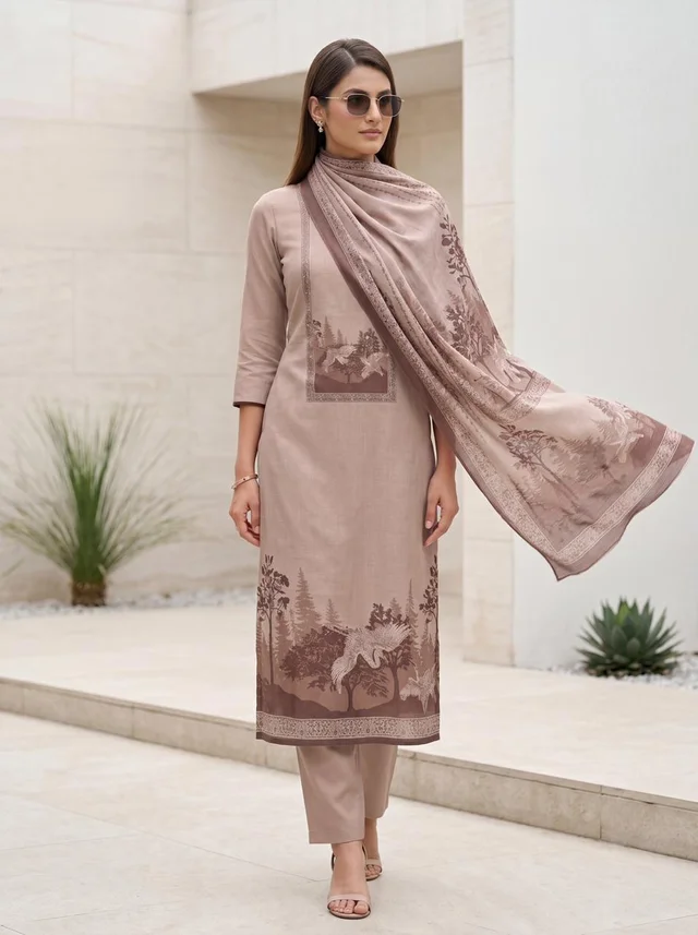 Coffee Beige Pure Linen Putta Suit Set with Dupatta for Women – Aarohi