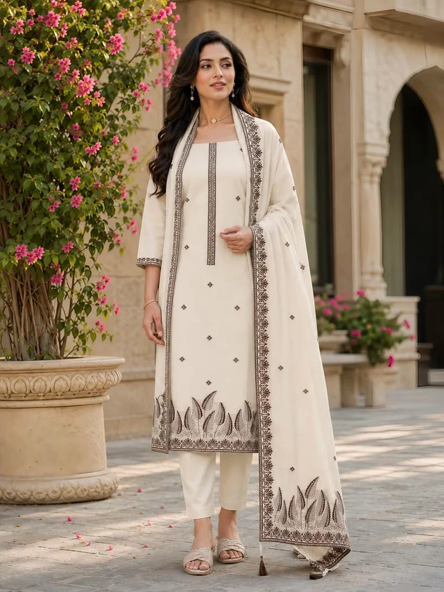 Coffee Brown Soft Cotton Putta Suit Set with Dupatta for Women – Pista