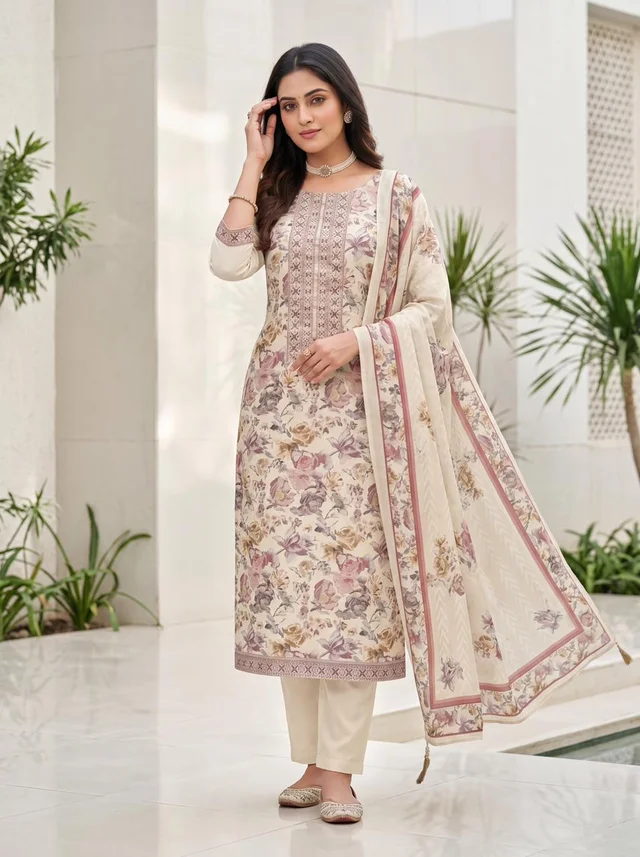 Cream Floral Muslin Suit Set - VANYA SET