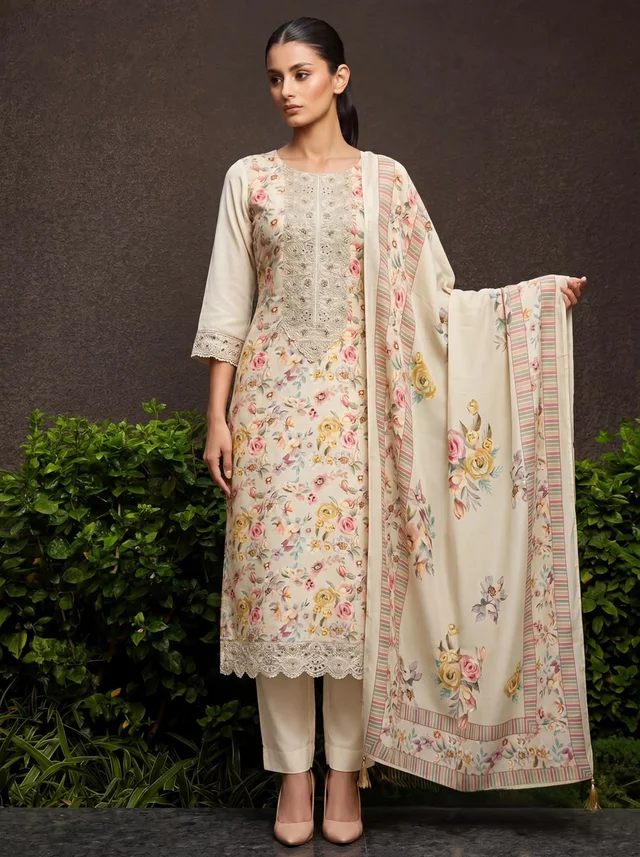 Cream Muslin Floral Suit Set – Riva Set