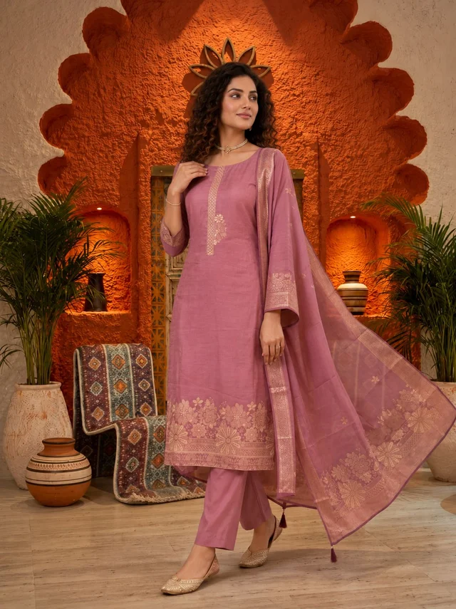 Dusty Pink Mul Cotton Embroidered Semi-Stitched Suit Set with Dupatta - Zarra