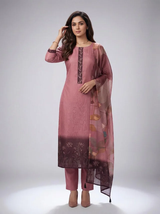 Dusty Rose Floral Printed Kurti Pant Dupatta Set for Women  - Aurelia
