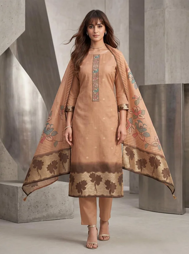 Dusty Rose Mul Cotton Semi-Stitched Top Bottom Dupatta Set For Women - Verdara