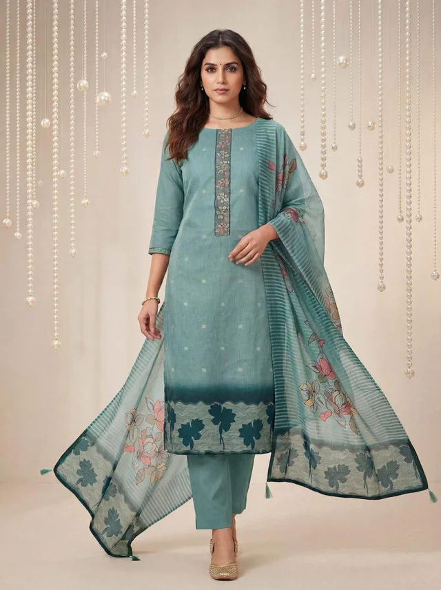 Earth Olive Mul Cotton Semi-Stitched Suit Set With Dupatta - Verdara