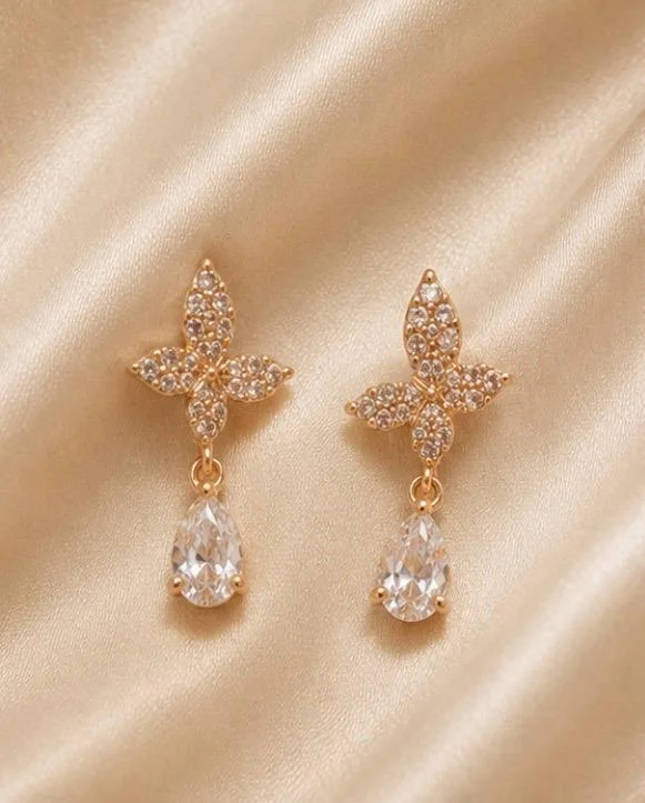 Gold Plated Clear Stone Cross Motif Teardrop Stud Earrings