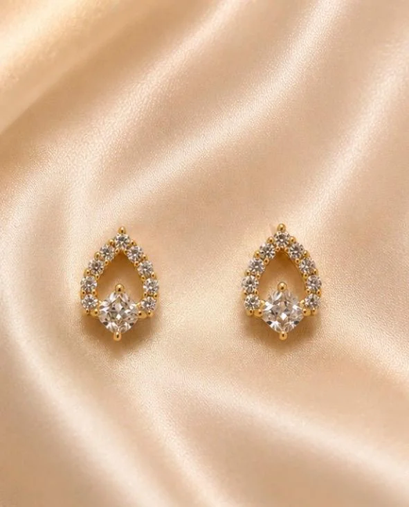Gold Plated Clear Stone Teardrop Halo Stud Earrings
