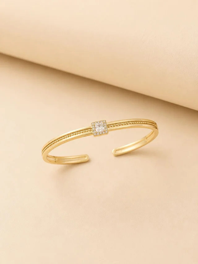 Gold Plated Cubic Zirconia Studded Square Adjustable Open Bracelet