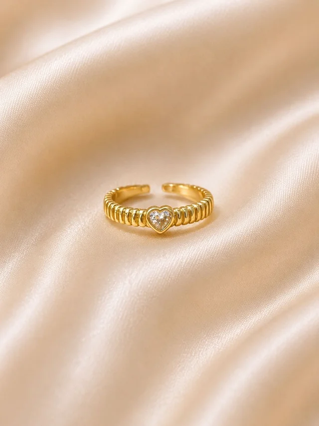 Gold Plated Heart Shaped Cubic Zirconia Open Adjustable Ring