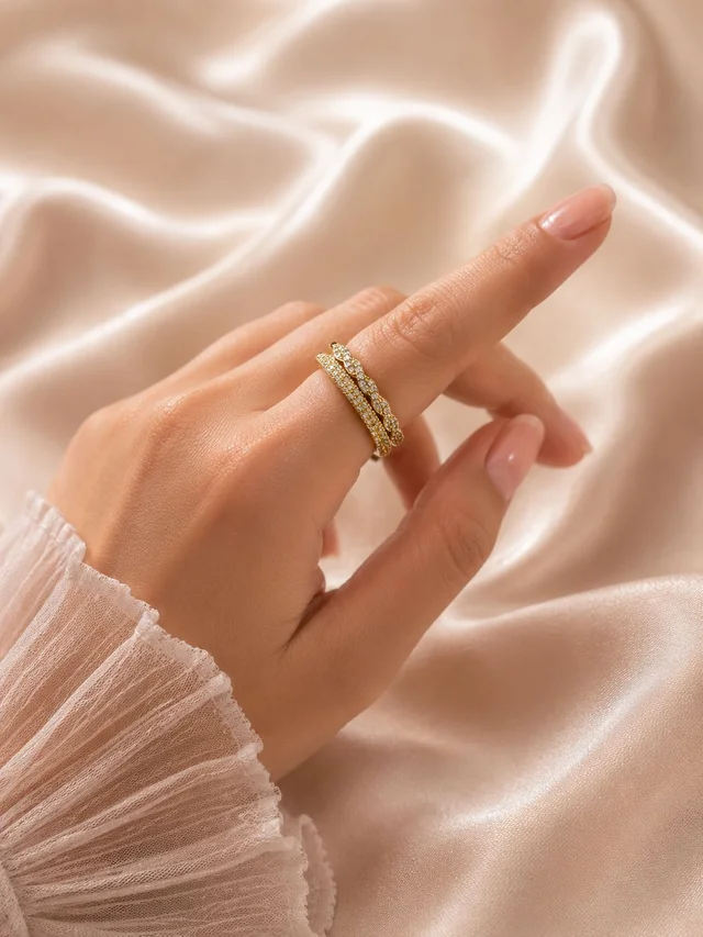 Gold Plated Twisted Pave Stackable Double Layer Open Ring Set