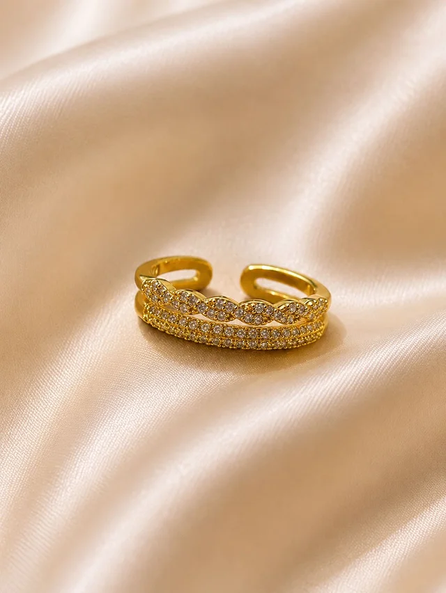 Gold Plated Twisted Pave Studded Double Layer Open Statement Ring