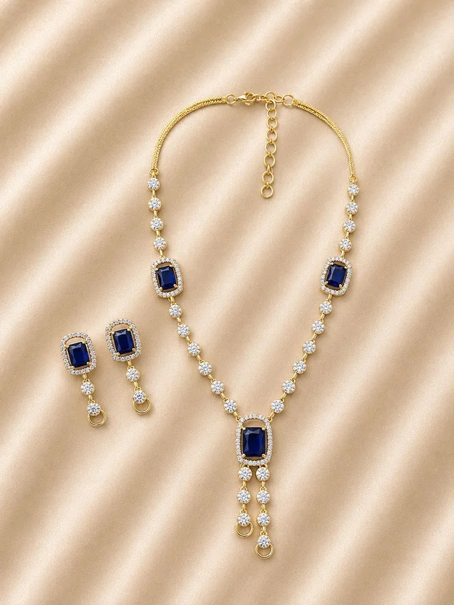 Gold Tone Blue Stone Studded Layered Necklace and Earrings Set
