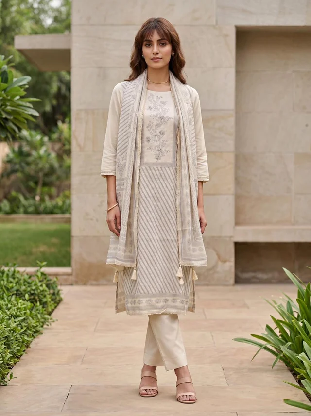 Ivory Beige Pure Linen Floral Suit Set with Dupatta for Women – Vedika
