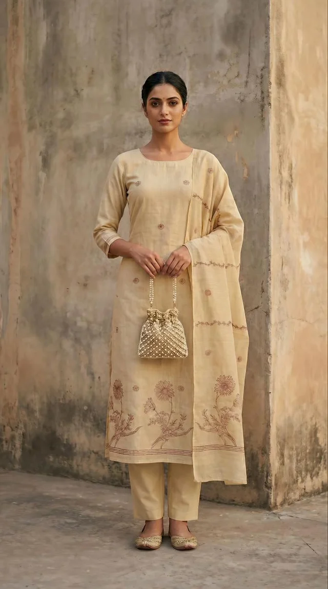 Ivory Cream Premium Jamdani Suit Set For Women – Kanak Set