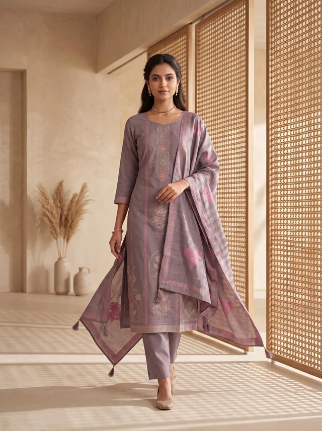 Lavender Mist Premium Mul Cotton Semi-Stitched Suit Set with Dupatt - Aurelia