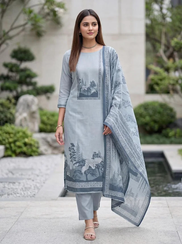 Mist Blue Pure Linen Putta Suit Set with Dupatta for Women – Aarohi