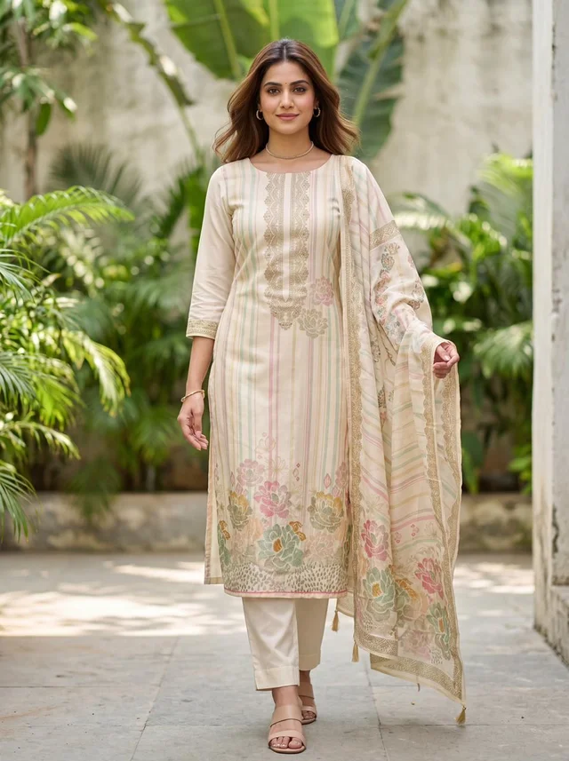 Off White Premium Muslin Floral Suit Set With Dupatta – Mira Set