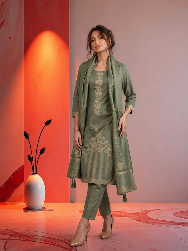 Olive Dusk Mul Cotton Semi-Stitched Suit Set with Dupatta - Earthloom