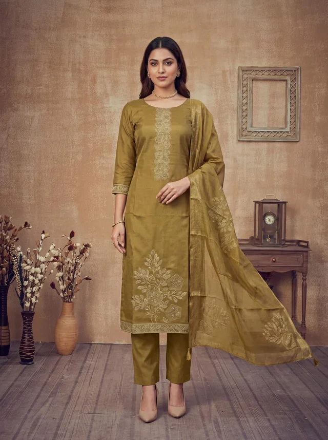 Olive Mul Cotton Embroidered Semi-Stitched Suit Set with Dupatta - Zarra