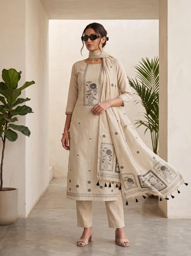 Pearl Ivory Premium Jamdani Cotton Suit Set for Women with Dupatta – Ruhani Set