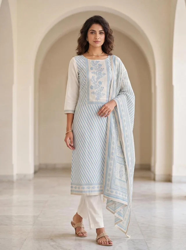 Powder Blue Pure Linen Ethnic Suit Set with Dupatta for Women – Vedika