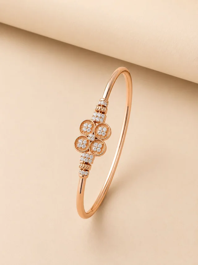 Rose Gold Plated American Diamond Floral Charm Bangle Bracelet