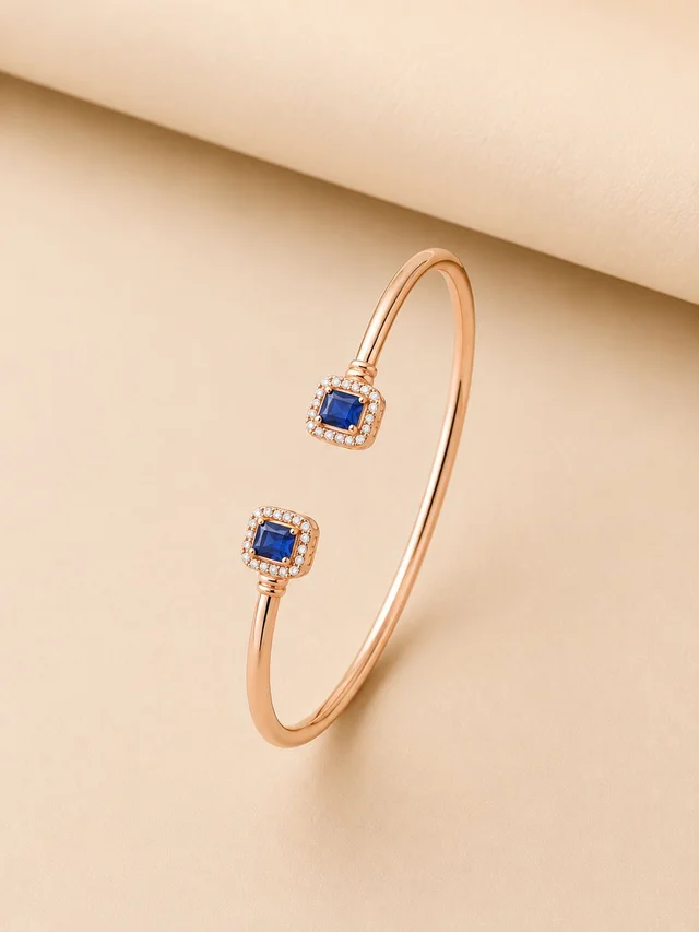 Rose Gold Plated Sapphire Blue Stone Studded Open Cuff Bracelet