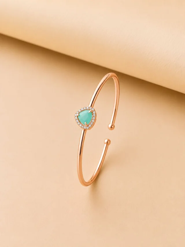 Rose Gold Plated Sea Green Stone Studded Adjustable Cuff Bracelet