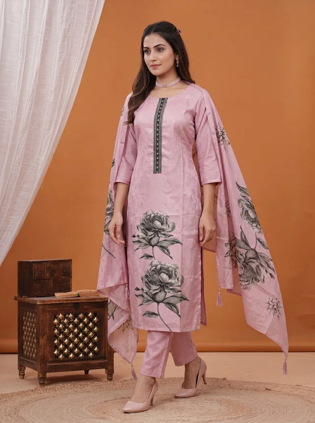 Rose Pink Muslin Floral Suit Set - Gulnaar Set