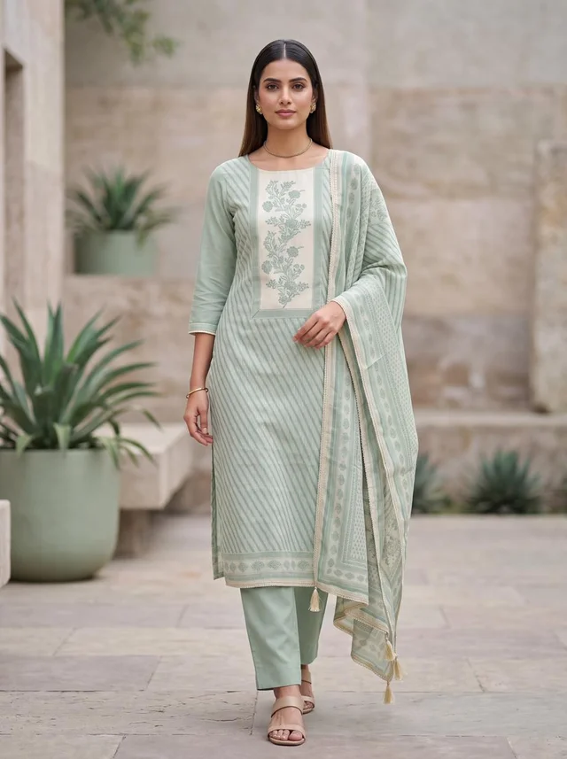 Sage Green Pure Linen Printed Suit Set with Dupatta for Women – Vedika