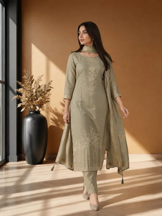 Sage Mist Mul Cotton Semi-Stitched Suit Set with Dupatta - Earthloom