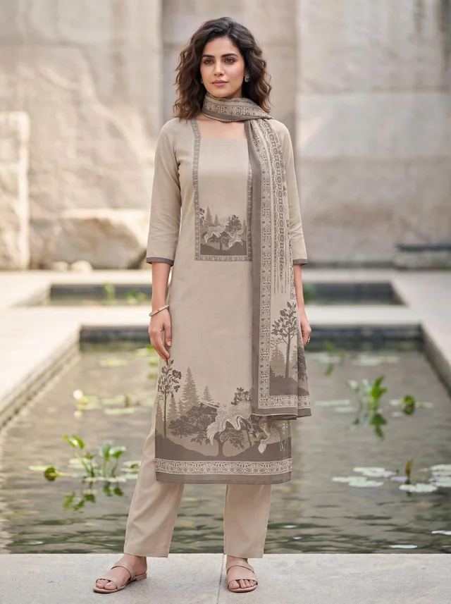 Sand Beige Pure Linen Putta Suit Set with Dupatta for Women – Aarohi