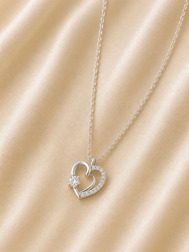 Silver Tone Cubic Zirconia Open Heart Pendant Necklace
