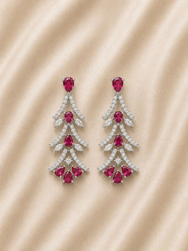 Silver Tone Ruby Red Stone Floral Cascade Drop Earrings