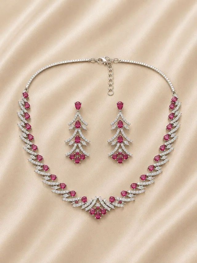 Silver Tone Ruby Red Stone Leaf Motif Statement Necklace Set