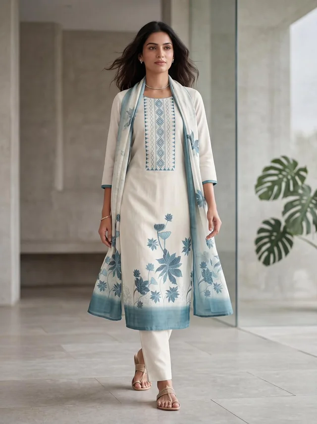 Sky Cotton Blue Linen Floral Suit Set with Dupatta for Women – Vanya