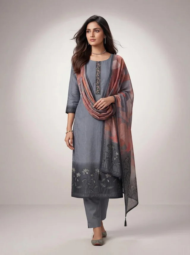 Steel Grey Floral Printed Kurti Pant Dupatta Set for Women  - Aurelia